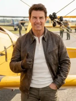 Front view of the brown Digger 2026 Tom Cruise Leather Jacket putting the full Digger Rockwell inspired Tom Cruise style on bold display
