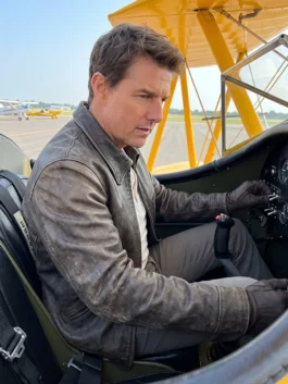 Side view of the brown Digger 2026 Tom Cruise Leather Jacket highlighting the full silhouette of this iconic Tom Cruise Digger piece