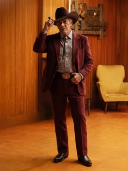 Burgundy Digger 2026 Tom Cruise Suit worn by Tom Cruise as Digger Rockwell bringing bold tailored style to the 2026 film