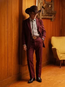 Front view of the burgundy Digger 2026 Tom Cruise Suit putting the full sharp and tailored Digger Rockwell on-screen style on bold display