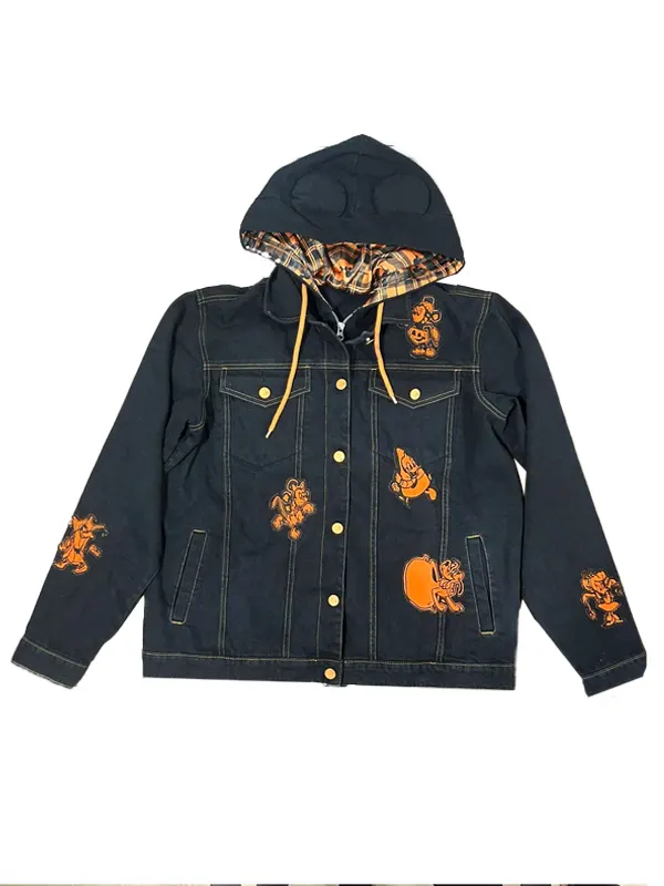 Flat lay full front view of the black Disney Mickey Mouse & Friends Halloween denim jacket, showcasing the attached hood with orange-and-black plaid lining, front button closure, and multiple orange character patches across the front and sleeves.