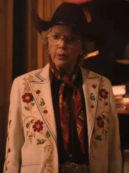 White Dutton Ranch Beulah Jackson Floral Blazer celebrating the bold and elegant on-screen style of the Beulah Jackson character in Dutton Ranch