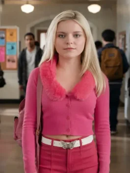 Pink knitted Elle 2026 Lexi Minetree Pink Cardigan with a plush turn down fur collar and full length sleeves.