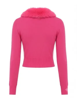 Back look of the pink knitted Elle 2026 Lexi Minetree Pink Cardigan highlighting clean stitching and tailored drape.