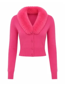 Front look of pink knitted Elle 2026 Lexi Minetree Pink Cardigan showing the soft turn down fur collar and button front.