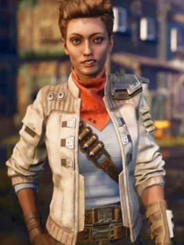 Close-up view of Ellie's off-white leather jacket from The Outer Worlds featuring quilted shoulder panels, metallic clips, and stand collar