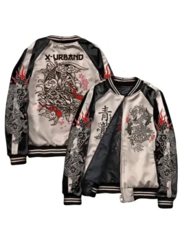 High-density black and white Embroidered Two In One Bomber Jacket featuring a classic street silhouette and rib cuffs.
