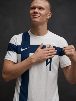 Premium white and blue Erling Haaland Knotwork Football Jersey featuring short half sleeves and a sleek pullover design.