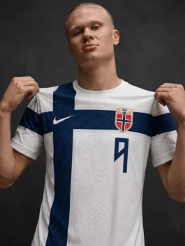 Front view of the Erling Haaland Knotwork Football Jersey in white and blue polyester with a neat round neck collar.