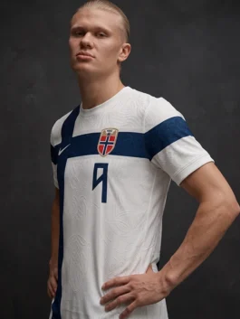 White and blue polyester Erling Haaland Norway Football Jersey showing the comfortable round neck collar fit.
