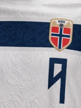Complete look of the Erling Haaland Norway Viking Norse Celtic Knotwork Football Jersey with intricate cultural graphics.