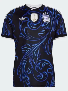 Front view of FIFA World Cup 2026 Argentina Jersey featuring iconic sky blue and white stripes with football-inspired details