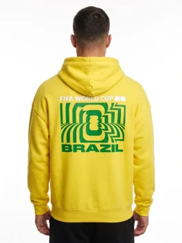 Model back view of yellow fleece FIFA World Cup 2026 Brazil Hoodie showing the comfortable fit and rib knitted cuffs.