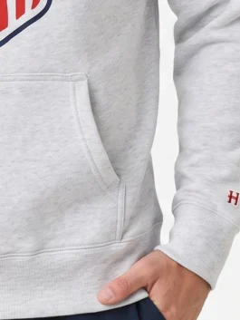 Grey fleece Homage Ted Lasso Believe x USA Crest Hoodie featuring a cozy hooded collar and handy kangaroo pocket.