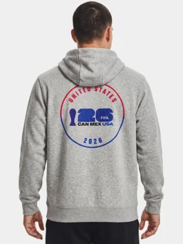 Model view showing the athletic silhouette of the fleece FIFA World Cup 2026 Host USA Grey Hoodie with rib knitted cuffs.