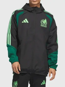Premium FIFA World Cup 2026 Mexico 26 Tiro All Weather Jacket in black polyester with a hood for soccer fans.