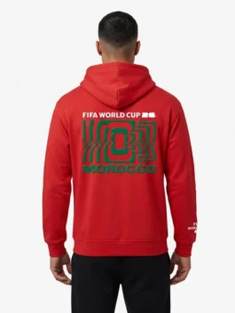 Model view showing the athletic silhouette of the red fleece FIFA World Cup 2026 Morocco Hoodie with rib knitted cuffs.