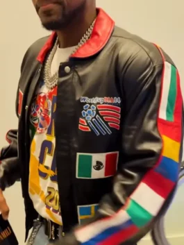 Black real leather Fabolous World Cup Leather Jacket with colorful flags, shirt collar, and snap button closure.