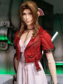 Detailed close-up of Aerith Gainsborough's red cropped leather cosplay jacket featuring lapel collar, zippers, and sleeve straps