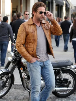 Gerard Butler Brown Leather Jacket Closure View
