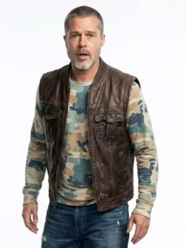 Front view of Heart of the Beast 2026 Brad Pitt Brown Vest featuring clean front detailing, rugged brown construction, and a practical sleeveless fit
