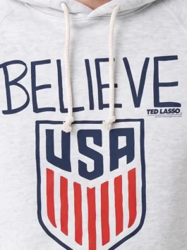 Clean view of Homage Ted Lasso Believe x USA Crest Hoodie showing the warm fleece texture and snug pullover fit.
