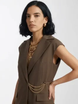 Brown suiting fabric In the City Danielle Olivera Brown Vest featuring a stylish lapel collar and belted design.