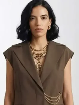 Front view of brown In the City Danielle Olivera Brown Vest highlighting the button and belted front closure.