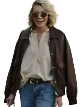 Front view of brown real leather In the City S01 Lindsay Hubbard Leather Jacket with shirt collar and zip closure.
