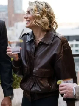On-body view of brown leather In the City S01 Lindsay Hubbard Leather Jacket showcasing an oversized silhouette.