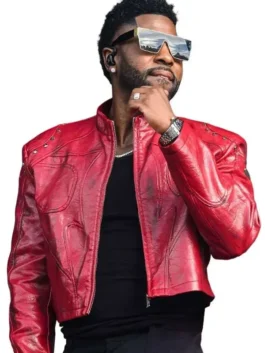 Closure view of Jason Derulo Roundhay Festival Red Jacket highlighting the front fastening, stitching, and detailed finish