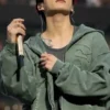 Full look of the premium green Jungkook Arirang London Green Hoodie with comfortable full length sleeves.