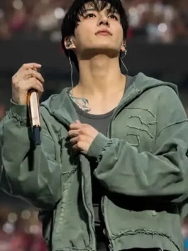 Full look of the premium green Jungkook Arirang London Green Hoodie with comfortable full length sleeves.