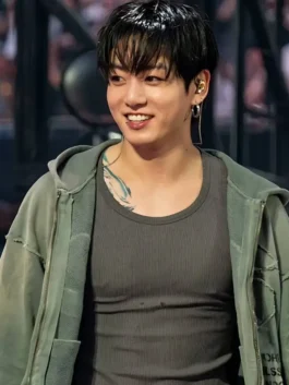 Front view of green Jungkook Arirang London Green Hoodie highlighting two outside pockets and a zipper front.