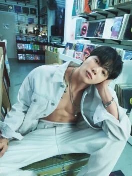 White denim Jungkook White Denim Jacket featuring a classic shirt style collar and premium silver-tone button details.