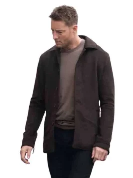 Front view product cut-out of Justin Hartley wearing the Tracker Season 3 dark brown wool jacket over a grey shirt.