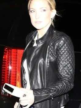 Kate Hudson Black Biker Leather Jacket Close-Up View
