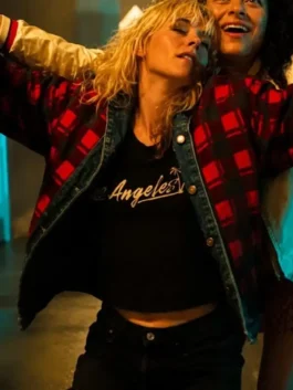 Front view of the Kristen Stewart The Wrong Girls Plaid Jacket showing the neat button closure and shirt collar.