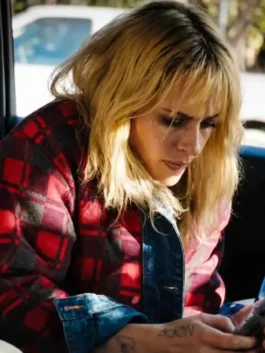 Full view of the plaid patterned Kristen Stewart The Wrong Girls Plaid Jacket showcasing the classic shirt style collar.