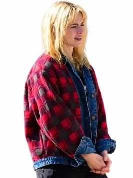 On-body look of the denim Kristen Stewart The Wrong Girls Plaid Jacket displaying a colorful plaid print.
