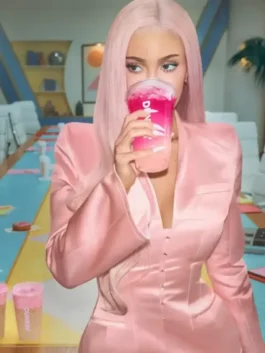 Complete view of the pink satin Kylie Jenner Dunkin Donuts Pink Blazer with long sleeves and a silky inner lining.