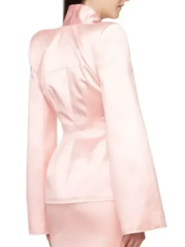 Back look of the pink satin Kylie Jenner Dunkin Donuts Pink Blazer showcasing structured paneling and clean seams.