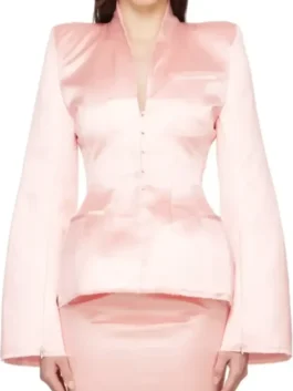 Front view of pink satin Kylie Jenner Dunkin Donuts Pink Blazer highlighting the classic front button closure.