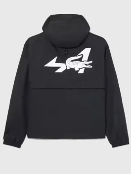 Back view of the dark Lacoste x Alpine Jacket showcasing its clean tailoring and athletic silhouette.