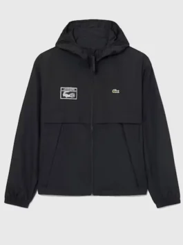 Front view of the black Lacoste x Alpine Jacket featuring a smooth zipper closure and protective hooded collar.