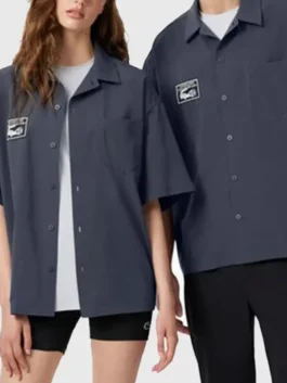 Dark grey cotton Lacoste x Alpine Poplin Shirt in a relaxed fit with a turn down collar and button front.