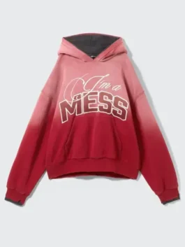 Studio flat-lay display of the Landon Barker faded red hoodie showcasing the complete ombre gradient from pinkish-red to deep red.