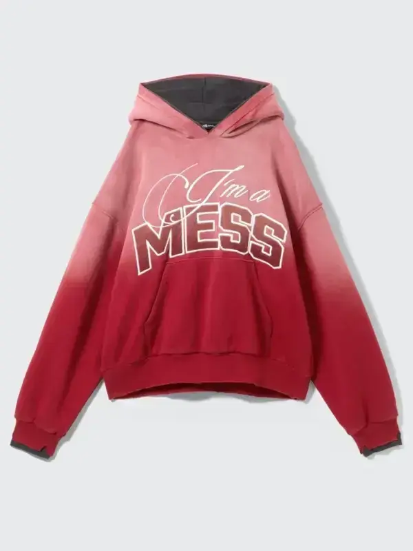Studio flat-lay display of the Landon Barker faded red hoodie showcasing the complete ombre gradient from pinkish-red to deep red.