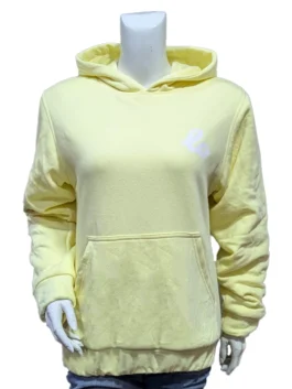 Front view of the pastel yellow Lola Winters pullover hoodie on a mannequin, showcasing the soft fleece fabric, a small white cursive logo on the left chest, a spacious front kangaroo pocket, and a cozy hood.