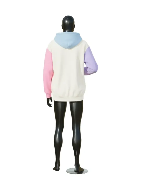 Rear view of the pastel color block MTV Relaxed Fit Hoodie on a black mannequin, highlighting the light blue hood and contrasting pink and purple sleeves.